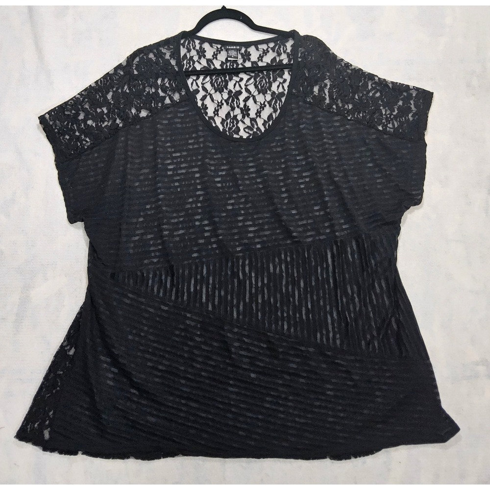 Torrid Blouse Top 4 4X Lace Yoke Striped Burnout Short Sleeve Black Whimsygoth